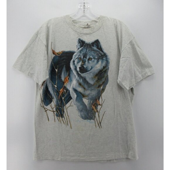 VINTAGE Harlequin Nature Graphics Shirt Large Wolf 90s Single Stitch * - Picture 1 of 10
